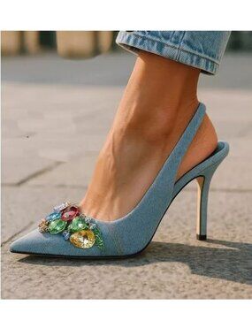 GIANNI BINI Mardona Slingback Pumps Size 6 Blue Denim Rainbow Jewel Gemstone NEW